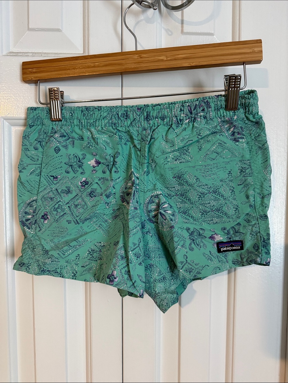 Patagonia Girl’s Baggies Seafoam Green Printed Shorts